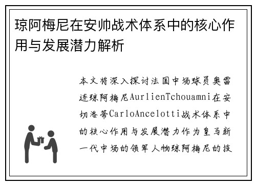 琼阿梅尼在安帅战术体系中的核心作用与发展潜力解析